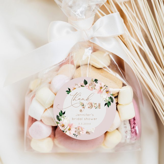 Blush pink floral wildflowers bridal thank you classic round sticker (Creator Uploaded)
