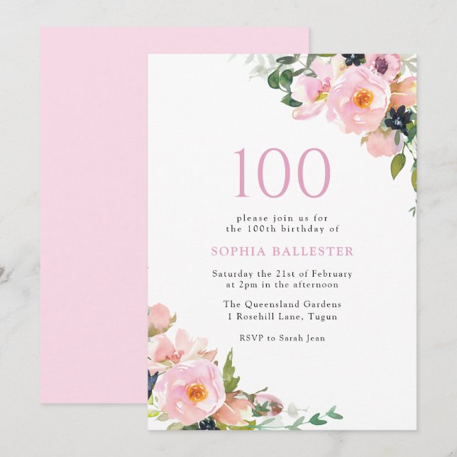 Blush Pink Floral Womans 100th Birthday Party Invitation (Front/Back)