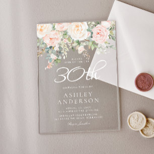 Blush Pink Floral Womans 30th Birthday Party Acrylic Invitations
