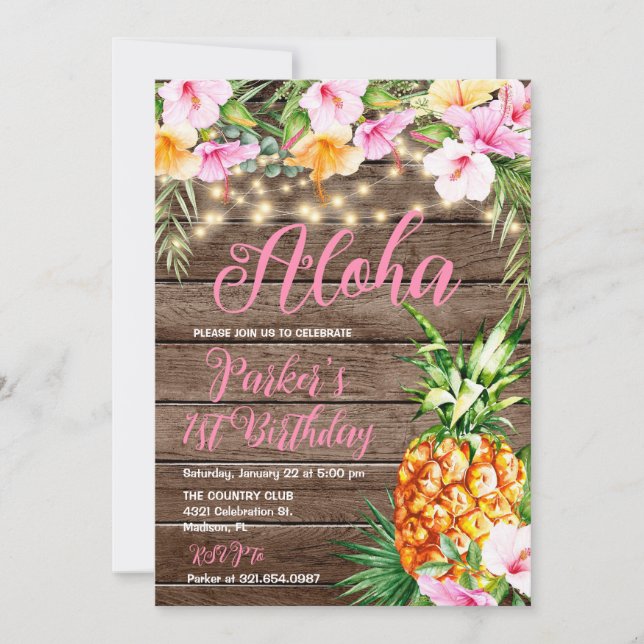 Blush Pink Floral Wood Aloha Pineapple Birthday Invitation (Front)