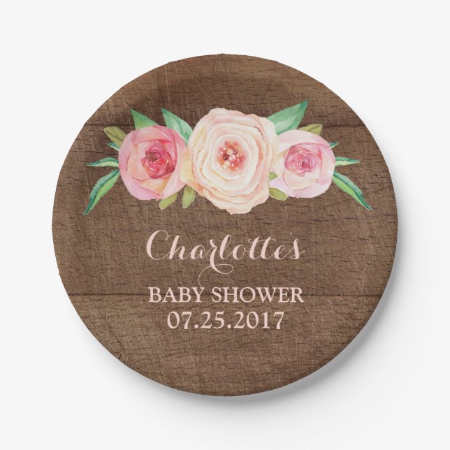 Blush Pink Floral Wood Baby Shower Plate (Front)