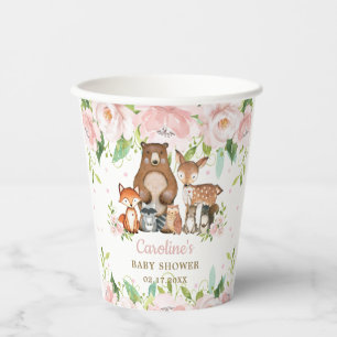 Blush Pink Floral Woodland Animals Baby Shower Paper Cups
