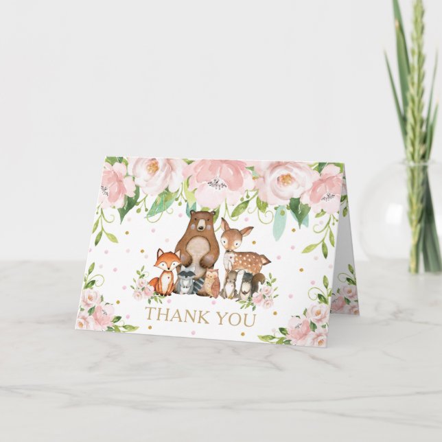 Blush Pink Floral Woodland Animals Baby Shower Thank You Card (Front)