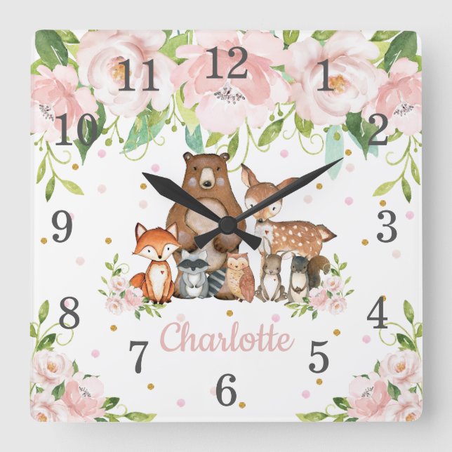 Blush Pink Floral Woodland Animals Girl Nursery  Square Wall Clock (Front)