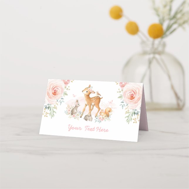 Blush Pink Floral Woodland Forest Animals Shower Place Card (Front)