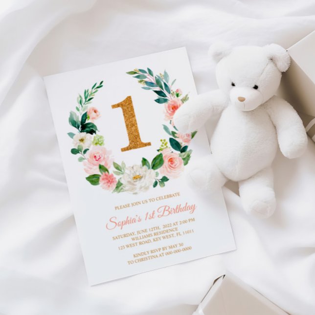 Blush Pink Floral Wreath 1st Birthday Invitation (Creator Uploaded)