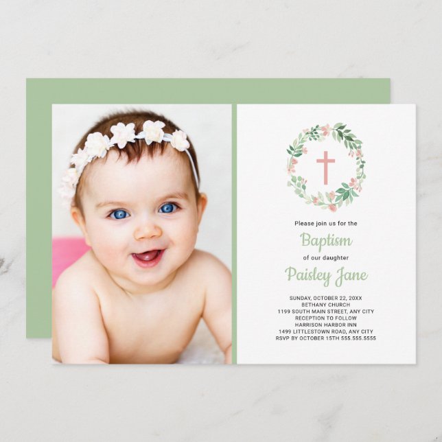 Blush Pink Floral wreath baptism photo invitation (Front/Back)