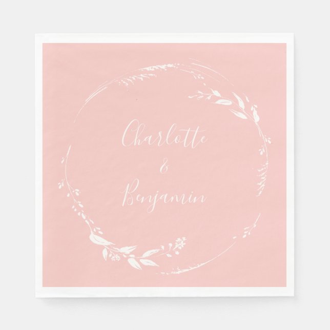 Blush Pink Floral Wreath Calligraphy Personalized Napkin (Front)
