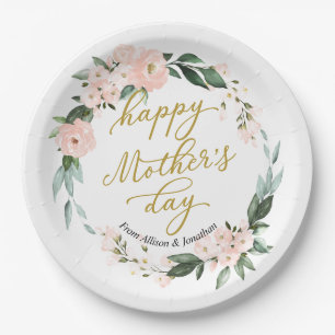 Blush Pink Floral Wreath Happy Mothers Day Paper Plate