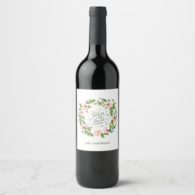 Blush pink floral wreath thank you teacher gift  wine label (Front)
