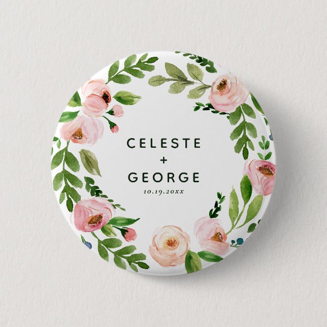 Blush pink floral wreath wedding 2 inch round button (Front)