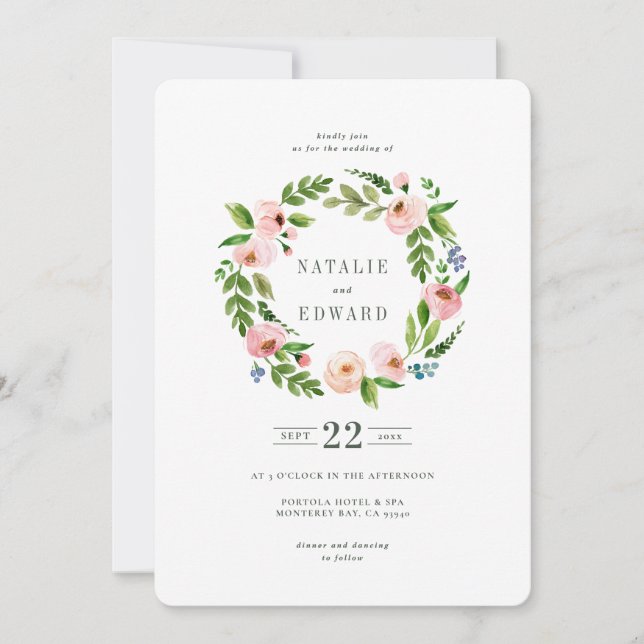 Blush pink floral wreath wedding invitation (Front)