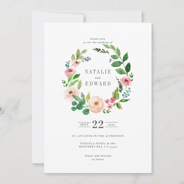 Blush pink floral wreath wedding invitation (Front)