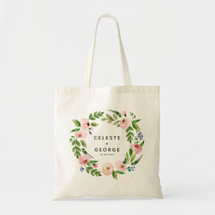 Blush pink floral wreath wedding tote bag