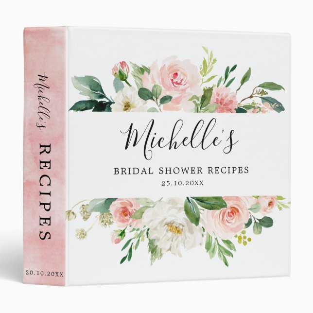 Blush Pink Florals Botanical Bridal Shower Recipe Binder (Front/Spine)