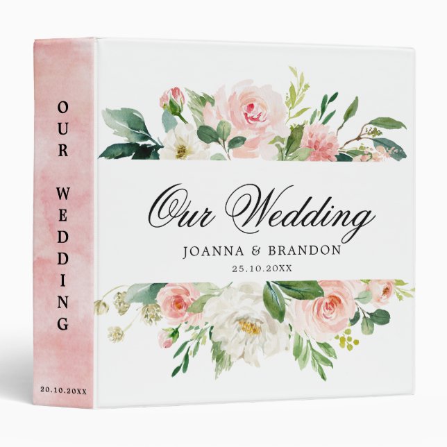 Blush Pink Florals Botanical Wedding Album Binder (Front/Spine)