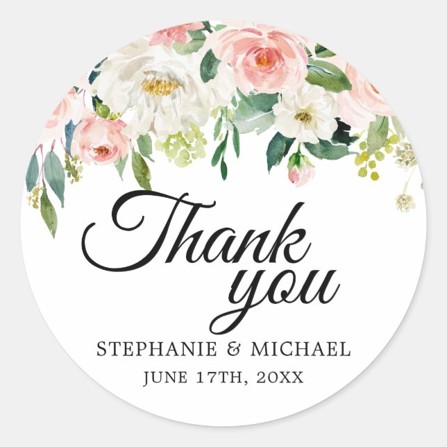 Blush Pink Florals Botanical Wedding Thank You Classic Round Sticker (Front)