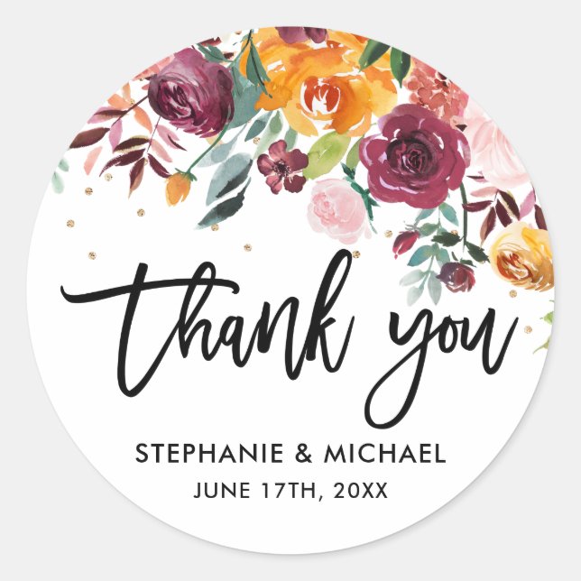 Blush Pink Florals Botanical Wedding Thank You Classic Round Sticker (Front)