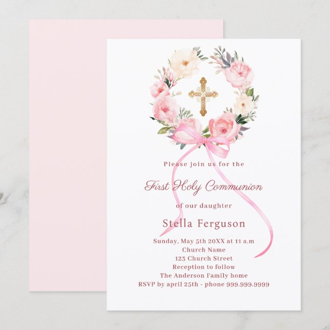 Blush pink florals bow cross First Communion Invitation (Front/Back)