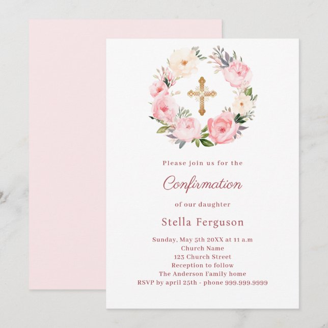 Blush pink florals cross Confirmation Invitation (Front/Back)