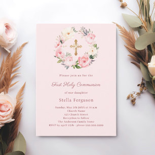 Blush pink florals cross First Communion Invitation