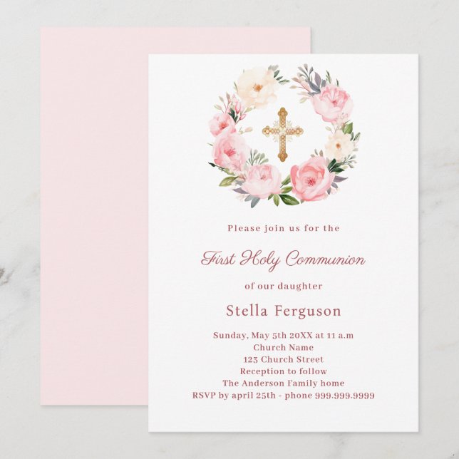 Blush pink florals cross First Communion Invitation (Front/Back)