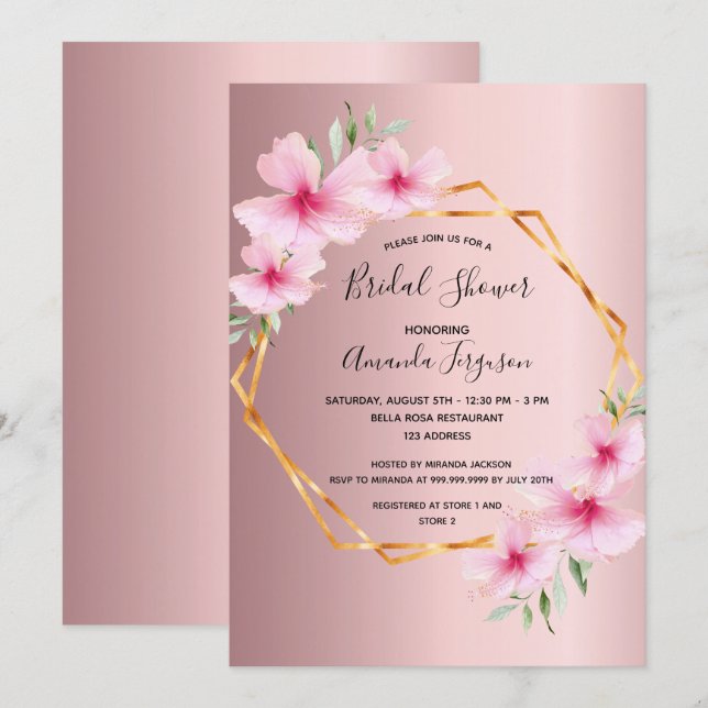 Blush  pink florals geometric bridal shower invitation (Front/Back)