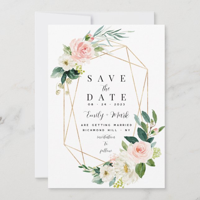 Blush Pink Florals, Greenery & Gold Save The Date (Front)