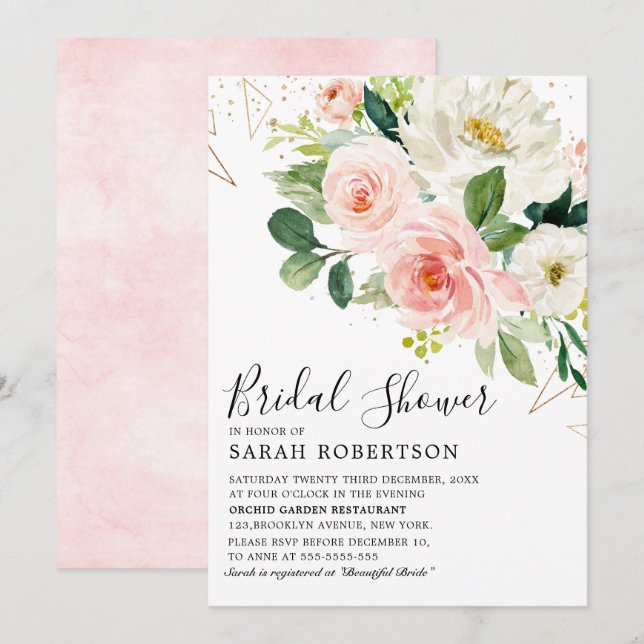 Blush Pink Florals Modern Botanical Bridal Shower Invitation (Front/Back)