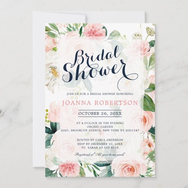 Blush Pink Florals Modern Botanical Bridal Shower Invitation (Front)