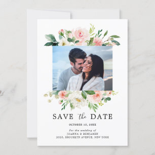 Blush Pink Florals Modern Botanical Wedding Photo Save The Date