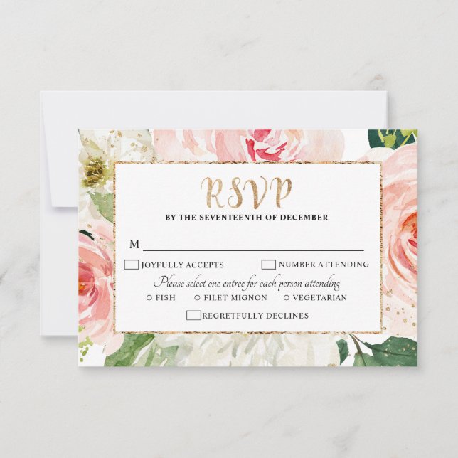 Blush Pink Florals Modern Botanical Wedding RSVP Card (Front)