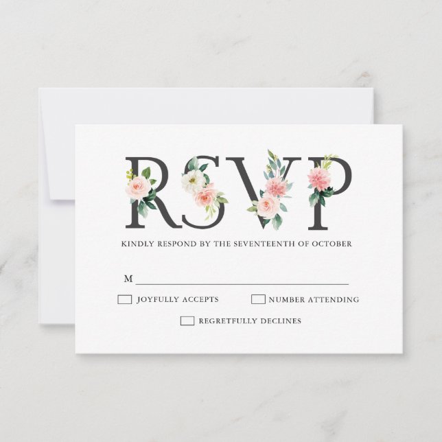 Blush Pink Florals Modern Botanical Wedding RSVP Card (Front)