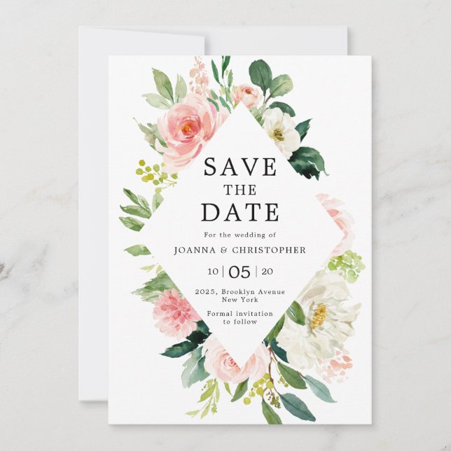 Blush Pink Florals Modern Botanical Wedding Save The Date (Front)