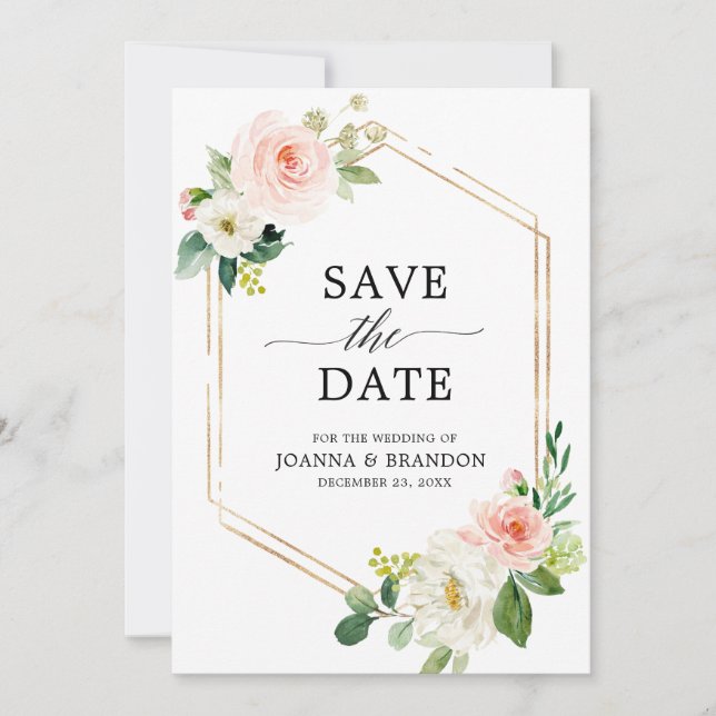 Blush Pink Florals Modern Geometric Gold Frame Save The Date (Front)