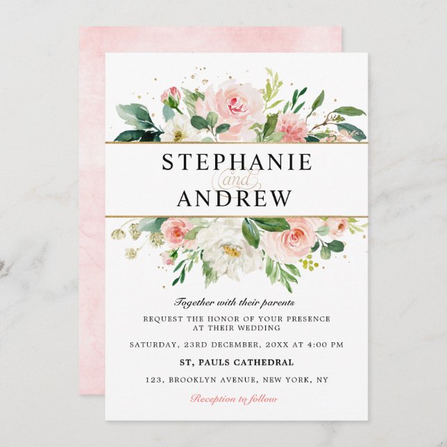 Blush Pink Florals Modern Gold Geometric Wedding Invitation (Front/Back)