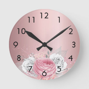 Blush pink florals roses white metal elegant round clock