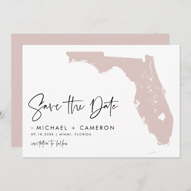 Blush Pink Florida Map Modern Minimalist Script Save The Date (Front/Back)