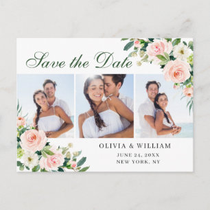 Blush Pink Flowers 3 PHOTO Wedding Save the Date Postcard