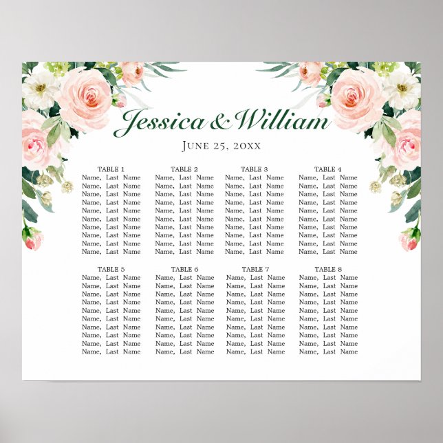 Blush Pink Flowers 8 Tables Wedding SEATING CHART (Front)