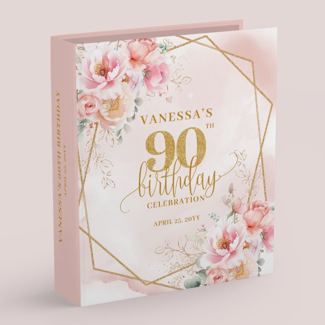Blush Pink Flowers 90th Birthday Keepsake Binder  (Blush Pink Flowers 90th Birthday Keepsake Binder Gold

)
