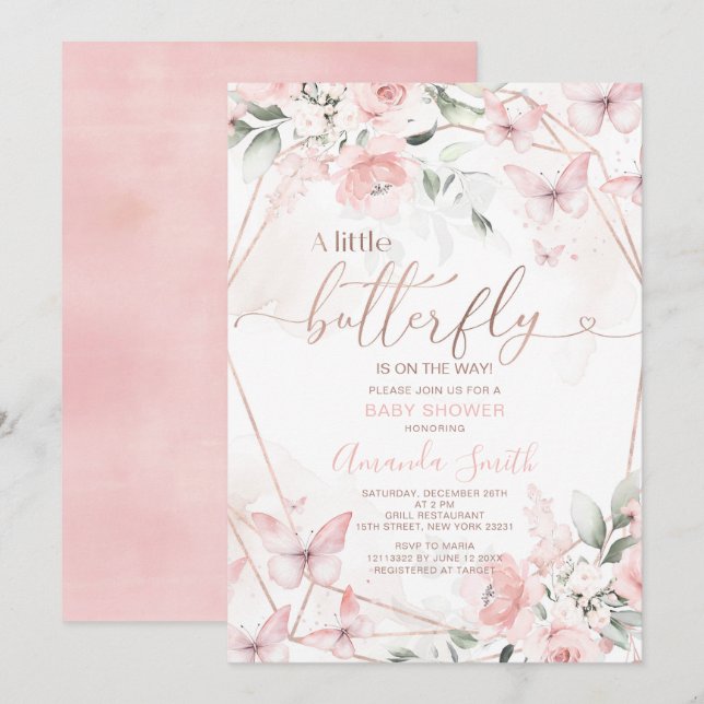 Blush Pink Flowers A Little Butterfly Baby Shower Invitation (Front/Back)