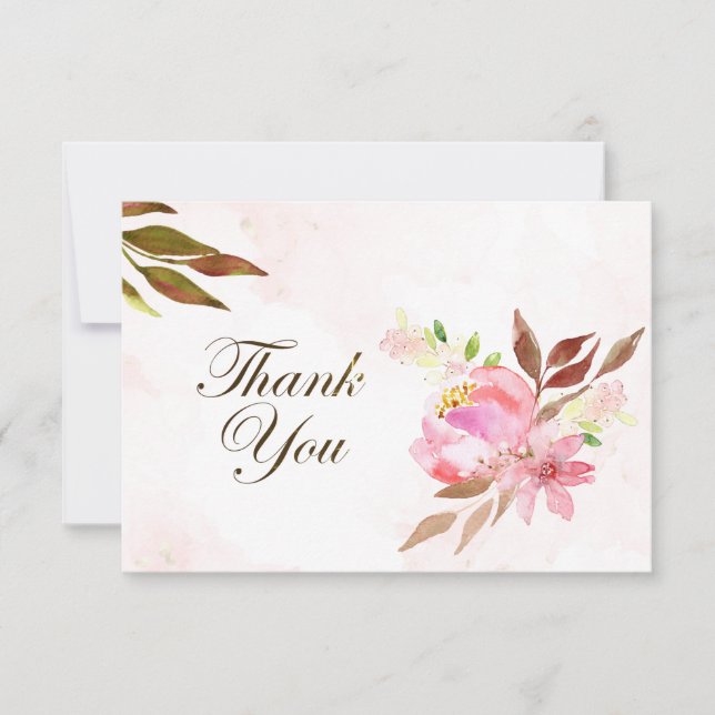 Blush Pink Flowers and Greenery Wedding Thank You Card (Front)