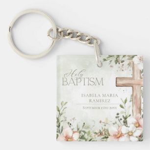 Blush pink flowers baptism green keepsake keychain