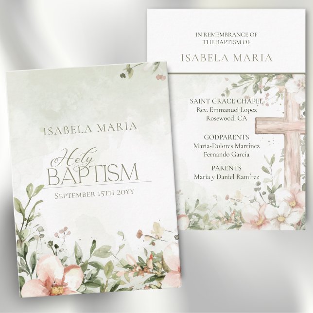 Blush pink flowers baptism green remembrance card (Creator Uploaded)