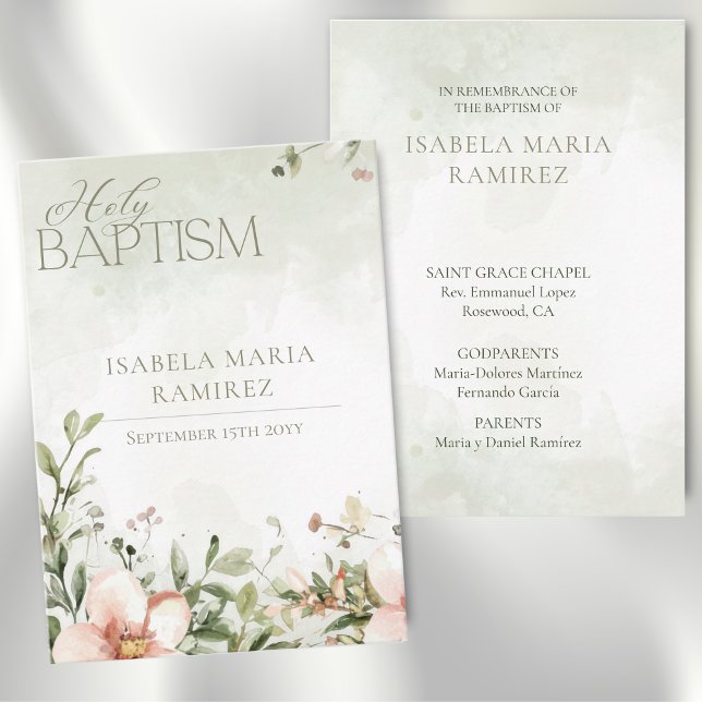 Blush pink flowers baptism green remembrance card (Creator Uploaded)