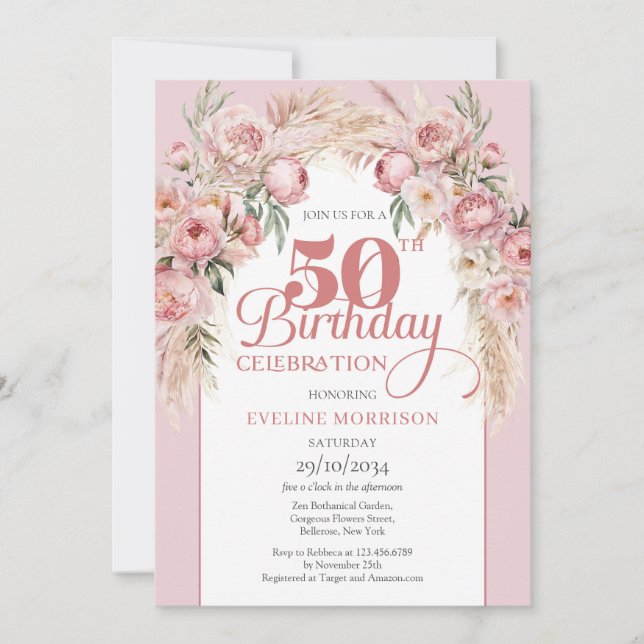 Blush pink flowers boho arch pampas 50th birthday invitation (Front)