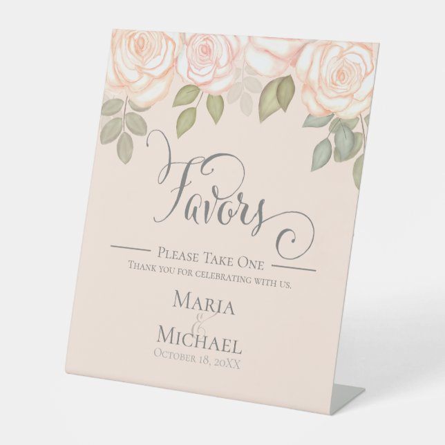 Blush Pink Flowers Calligraphy Wedding Favours Pedestal Sign (Front)