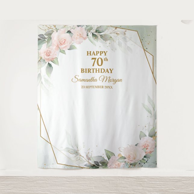 Blush pink flowers eucalyptus gold 70th birthday tapestry (Front)