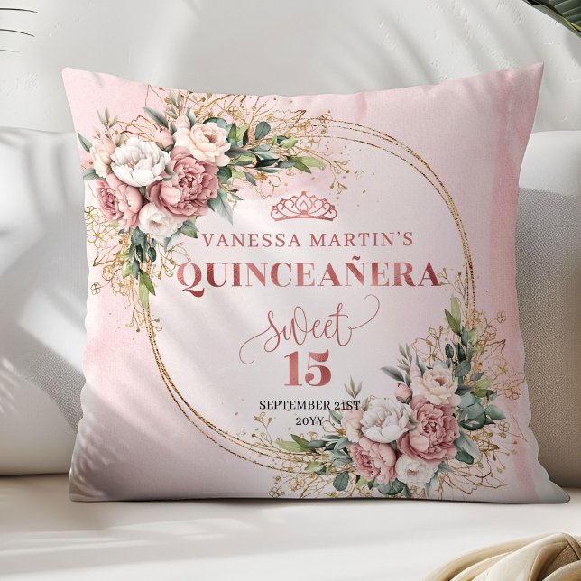 Blush Pink Flowers Eucalyptus Perfect Gift 15th Throw Pillow (Blush Pink Flowers Eucalyptus Perfect Gift 15 Pillow)